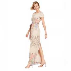 Adrianna Papell Blush Floral Lace Maxi Dress with Satin Sash